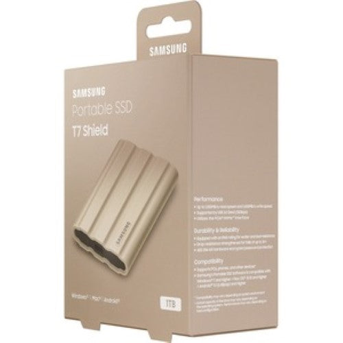 Samsung T7 1TB Portable SSD in Moonrock Beige, featuring 1050 MB/s speeds, rugged IP65 durability, and 256-bit AES encryption.