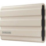 Samsung T7 1TB Portable SSD in Moonrock Beige, featuring fast 1050 MB/s speeds, rugged durability, and AES encryption for secure storage.