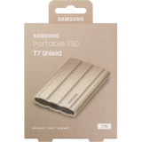 Samsung T7 1TB Portable SSD in Moonrock Beige, offering rugged durability, fast 1,050 MB/s read speeds, and AES encryption.