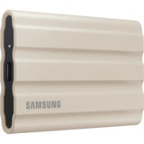 Portable Samsung T7 SSD in Moonrock Beige, 1TB, featuring fast transfer speeds, rugged design, and 256-bit AES encryption.