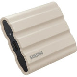 Portable Samsung T7 1TB SSD in Moonrock Beige, offering rugged durability, high-speed transfers, and AES encryption.