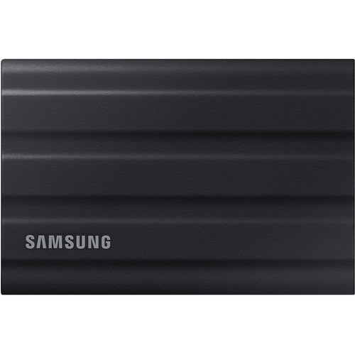 Compact black Samsung T7 portable SSD, 1TB, featuring USB 3.2 for fast transfers, rugged, water and dust resistant, with AES encryption.