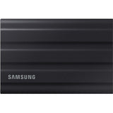 Compact black Samsung T7 portable SSD, 1TB, featuring USB 3.2 for fast transfers, rugged, water and dust resistant, with AES encryption.