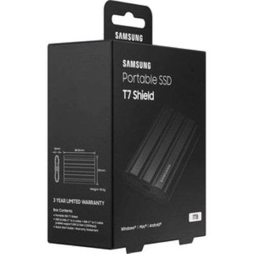 Samsung T7 MU-PE1T0S/WW 1TB portable SSD in black, featuring fast 1050 MB/s speeds, rugged durability, and AES encryption.