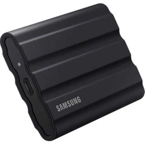 Samsung T7 Portable SSD 1TB in black, offering 1050 MB/s speeds, IP65 water/dust resistance, and robust 256-bit encryption.