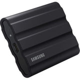 Samsung T7 Portable SSD 1TB in black, offering 1050 MB/s speeds, IP65 water/dust resistance, and robust 256-bit encryption.