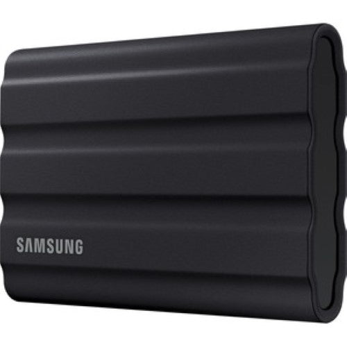 Portable black Samsung T7 SSD 1TB with USB 3.2, rugged durability, fast 1050MB/s speeds, and 256-bit AES security.