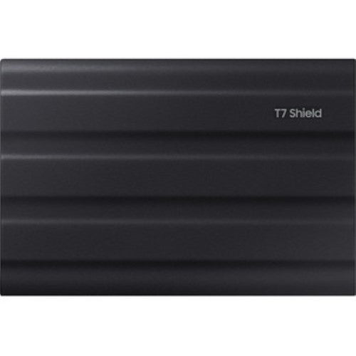 Black Samsung T7 1TB Portable SSD, rugged design, USB 3.2 Gen 2, 1050 MB/s speed, IP65 water/dust resistant, perfect for on-the-go storage.