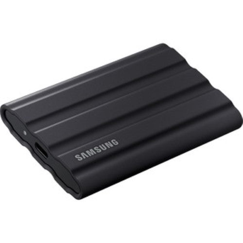 Samsung T7 Portable SSD 1TB in black, sleek design, USB 3.2, rugged durability, fast transfer speeds, IP65 water and dust resistant.