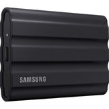 Sleek black Samsung T7 1TB Portable SSD, with IP65 rating, 1050 MB/s speed, rugged design, and 256-bit AES encryption.