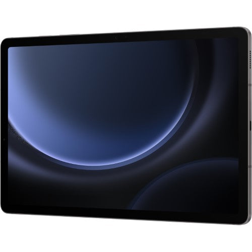 Samsung Galaxy Tablet S9 FE 5G in grey with 10.9" display, 5G, IP68 rating, dual cameras, and 8000 mAh battery.