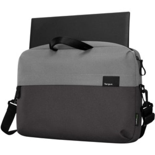 Eco-friendly Targus Sagano 14" slipcase in black/grey, padded for laptop protection with ample storage and easy-carry options.