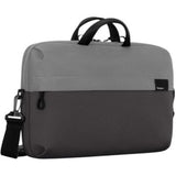 Eco-friendly Targus Sagano 14" slipcase in black and grey, designed for laptop protection and easy transport with pockets and straps.