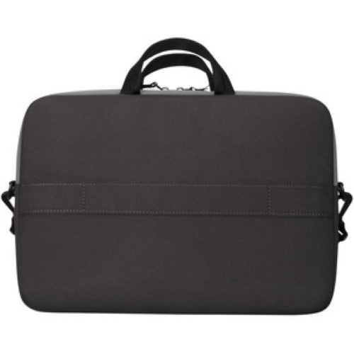 Eco-friendly Targus Sagano 14" slipcase in black/grey, padded for laptop protection with ample storage and removable shoulder strap.