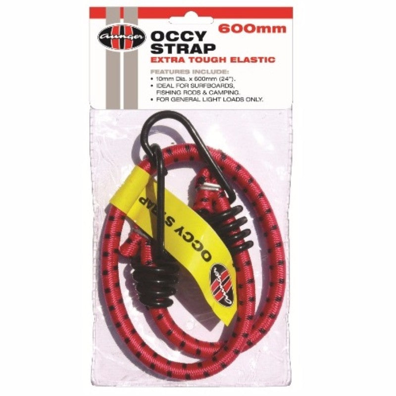 Durable 600mm elastic occy strap with heavy-duty hooks for securing gear on roof racks, trailers, and boats.