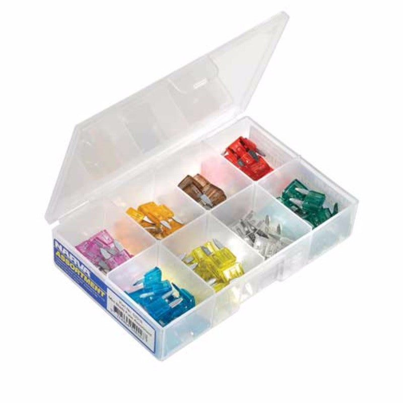 Narva Mini Blade Fuse Assortment with 100 fuses (3-30 amps) in a clear case, ideal for automotive and household use.