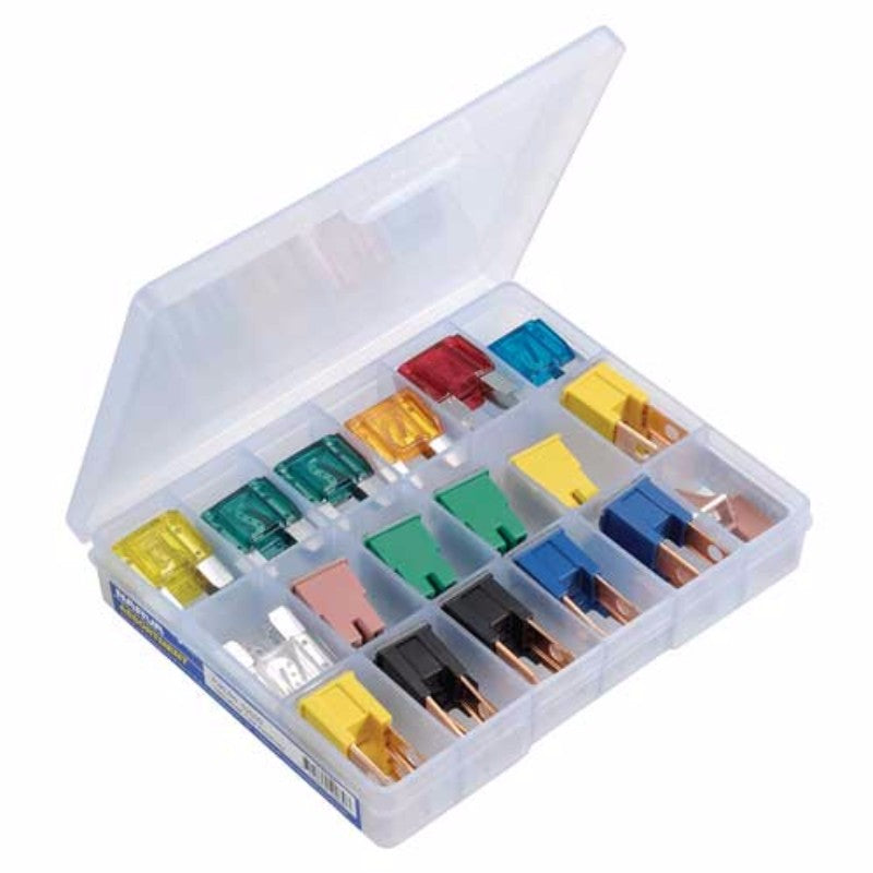 Narva Fuse Specialised Assortment with 36 maxi blade fuses and versatile fusible links in a clear, organized case.