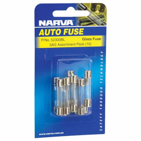 Narva glass fuse assortment pack of 10, 32x6.3mm, reliable for automotive repairs and safe circuit protection.