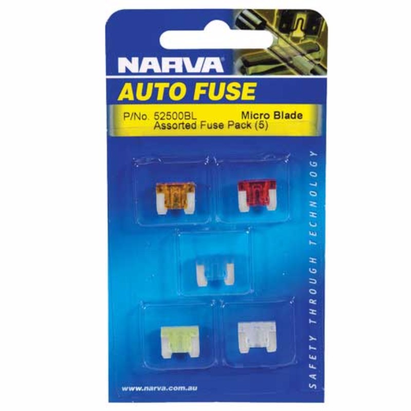 Narva Fuse Micro Blade Assortment Pack of 5, featuring fuses from 5A to 25A for automotive and electrical safety.