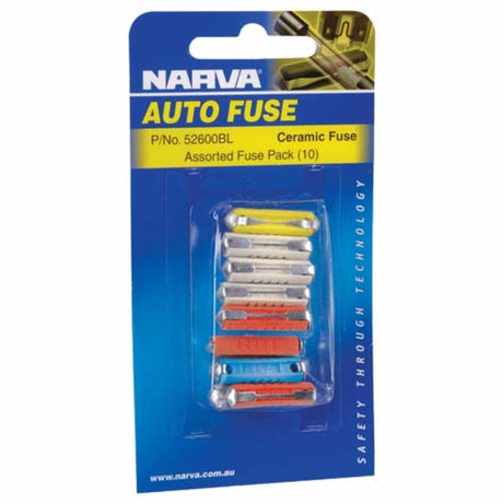 Narva Ceramic Fuse Assortment Pack of 10 with 5, 8, 16, and 25 amp fuses for reliable electrical safety and performance.