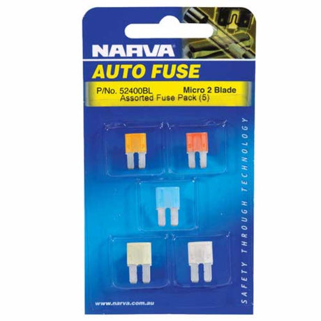 A compact pack of Narva blade fuses, including 10, 15, 20, and 30 amp fuses for reliable automotive and electronic use.