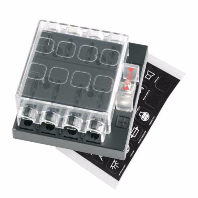 Narva 8-way fuse holder with cover for secure, versatile, and durable electrical fuse management in automotive and marine setups.