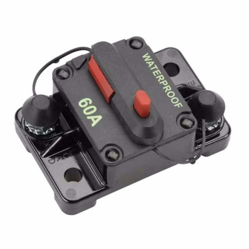 High amp 100A circuit breaker with automatic reset, designed for marine and engine applications. Size: 74x48mm.