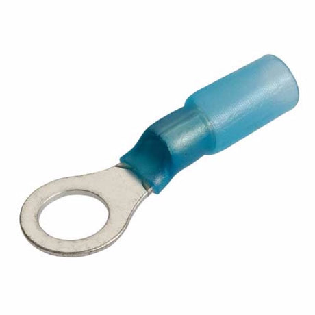 Narva Blue 6.3mm Heat Shrink Ring Terminal offers durable, waterproof connections with innovative adhesive technology for reliable performance.