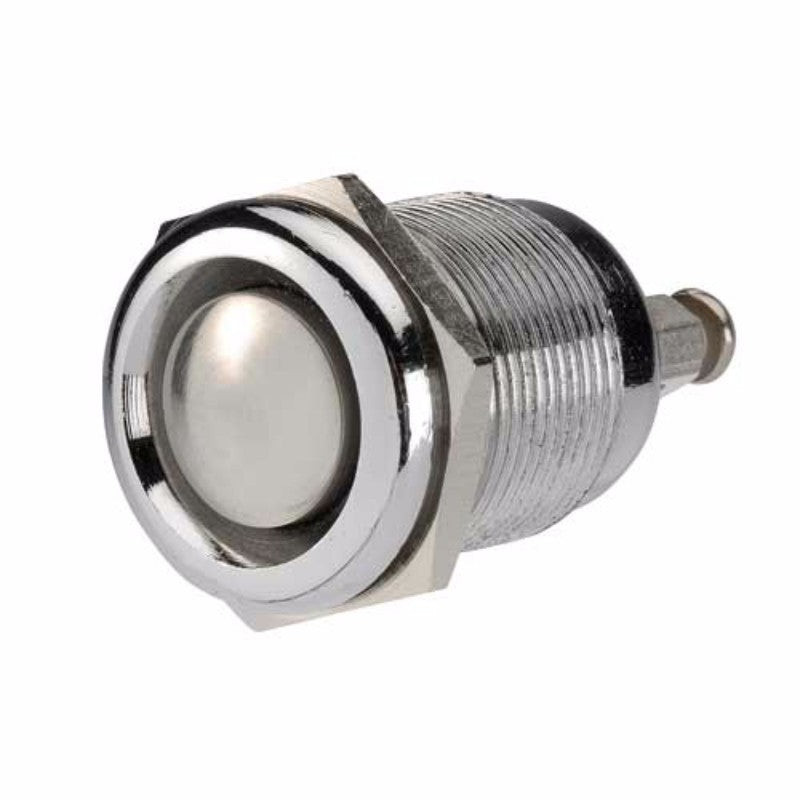 Stainless steel single pole switch with screw terminals, 20A at 12V, 10A at 24V, 19mm mounting opening.