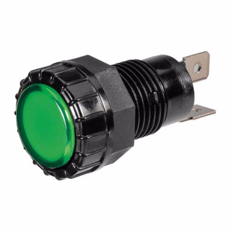 LED pilot lamp in vibrant green, designed for 12V automotive and marine use, ensuring reliable indicators and energy efficiency.