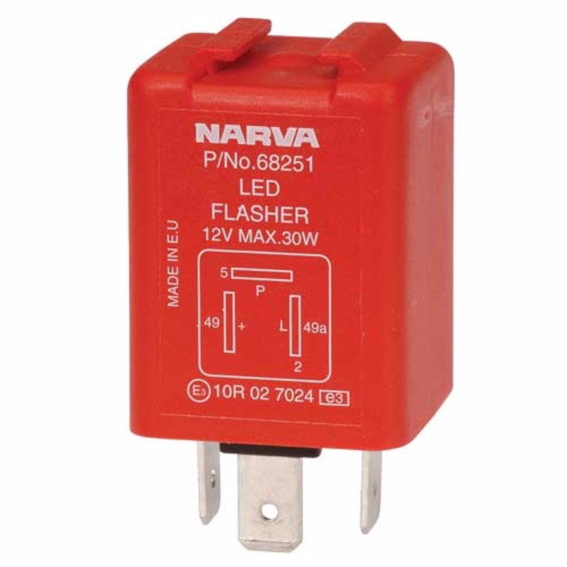 Narva Flasher Elec 12v 3pin LED for enhanced vehicle signaling with globe outage indication and 6 x 21w load capacity.