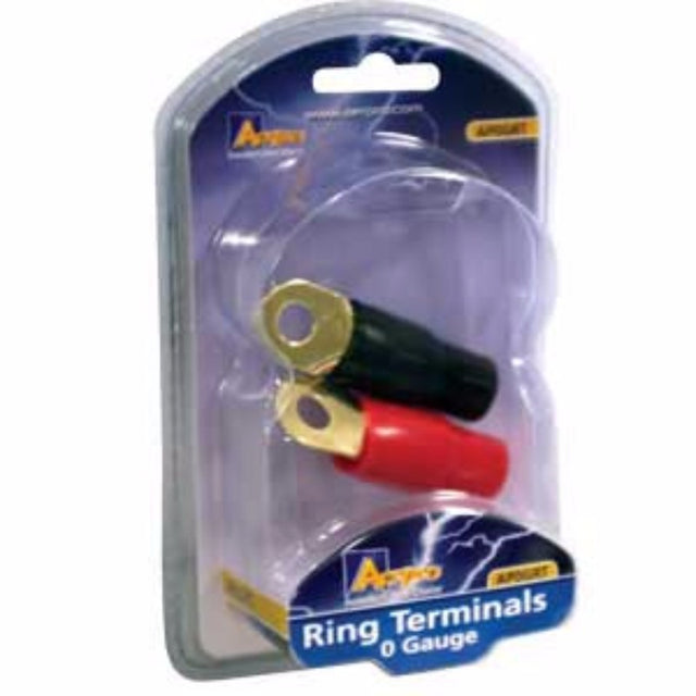 Red and black 0-gauge ring terminals for reliable electrical connections, ideal for heavy-duty and automotive projects.