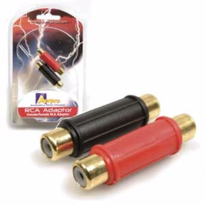 RCA female-to-female adapter pair with gold plating and color-coded terminals, packaged in a vibrant blister pack.