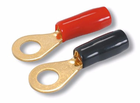 Gold-plated 8ga ring terminals pack of 12, 6 red and 6 black, designed for 8mm posts, ideal for electrical connections.