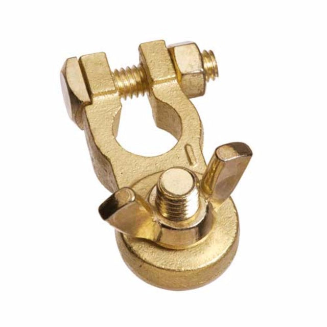 Heavy-duty brass negative terminal with wingnut for reliable automotive electrical connections, 3/8" thread size.