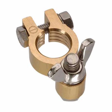 Brass wingnut terminals for negative posts, 5/16" thread, pack of 10, featuring stainless steel hardware.