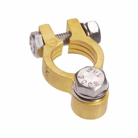 Pack of 10 premium brass bolt terminals for secure positive electrical connections in automotive and marine applications.