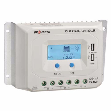 Projecta Solar Controller 12/24V 45A features efficient 4-stage charging for optimal solar energy management and battery lifespan.