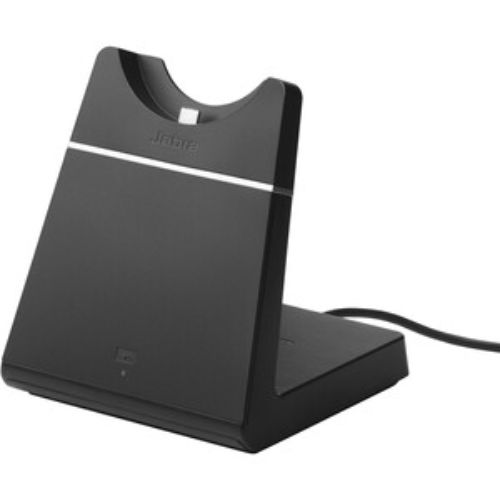 Sleek charging stand for Jabra Evolve 65 headset, ensuring easy storage and quick access for seamless productivity.