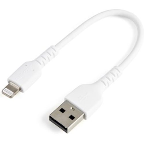 Durable 6" USB-A to Lightning cable in white, designed for charging and data transfer with enhanced durability and flexibility.