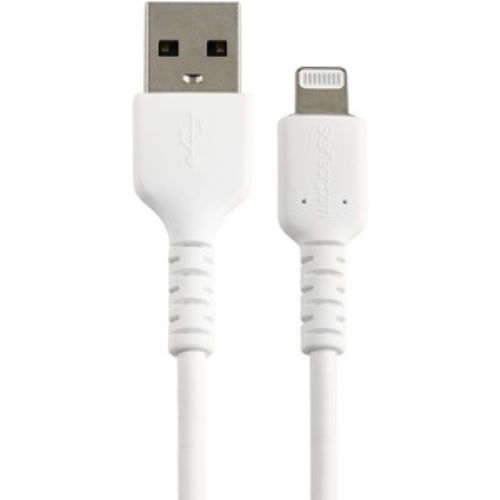 Durable 6" USB-A to Lightning cable in white, designed for high-speed charging and data transfer for Apple devices.