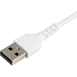 Durable 6" USB-A to Lightning cable in white, designed for efficient charging and data transfer for Apple devices.