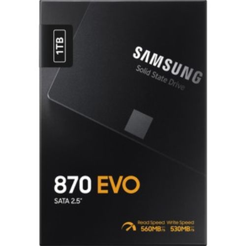 1TB Samsung 870 EVO SSD in black, 2.5" form factor, offering high-speed storage with 560 MB/s read and 530 MB/s write transfer rates.