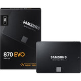 1TB Samsung 870 EVO SSD, featuring SATA III, 560 MB/s speed, 256-bit encryption, and 5-year warranty for reliable storage.