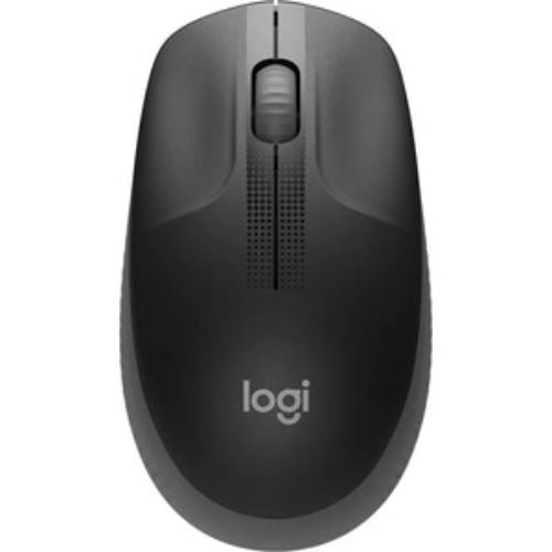 Logitech M190 Wireless Mouse in Charcoal, featuring precise tracking, 18-month battery life, and ergonomic design for comfort.