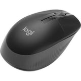 Logitech M190 wireless mouse in charcoal, featuring 1000 dpi sensitivity, 18-month battery life, and ergonomic design for comfort.