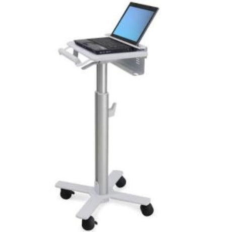 White Ergotron SV10 laptop cart with adjustable height, 14.51 kg capacity, and four smooth-rolling casters.