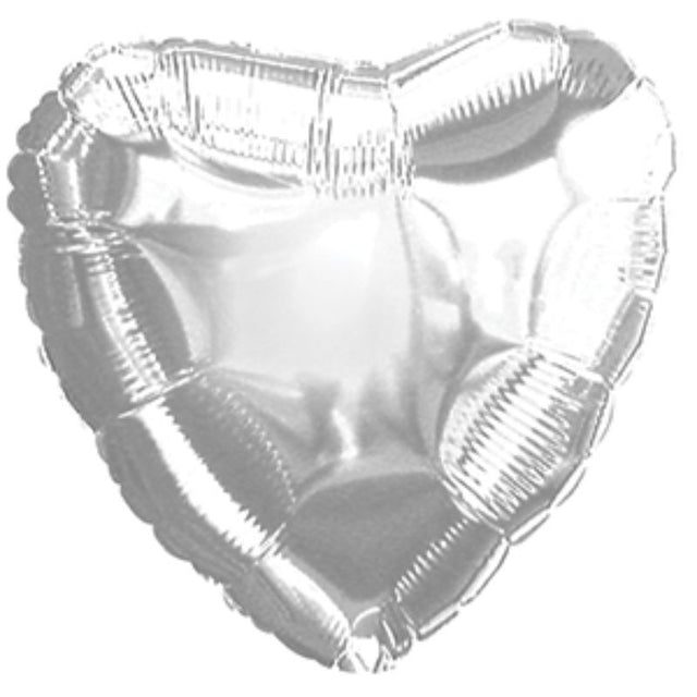 Air-filled 9" silver heart balloon, perfect for weddings and celebrations, includes cup and stick for easy display.