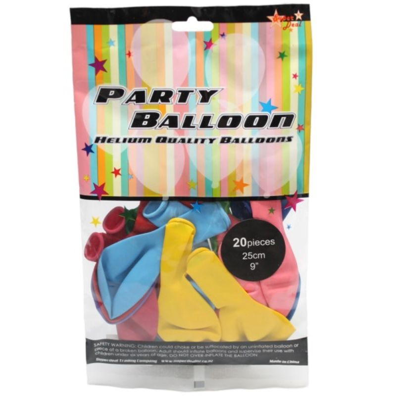 Vibrant 25cm mixed colour balloons (20pk) ideal for decorations at parties, weddings, and celebrations.