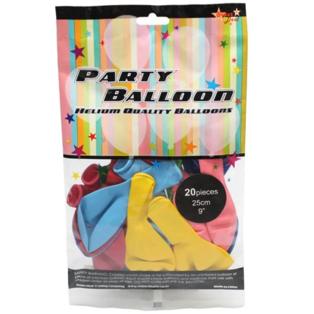 Vibrant 25cm mixed colour balloons (20pk) ideal for decorations at parties, weddings, and celebrations.